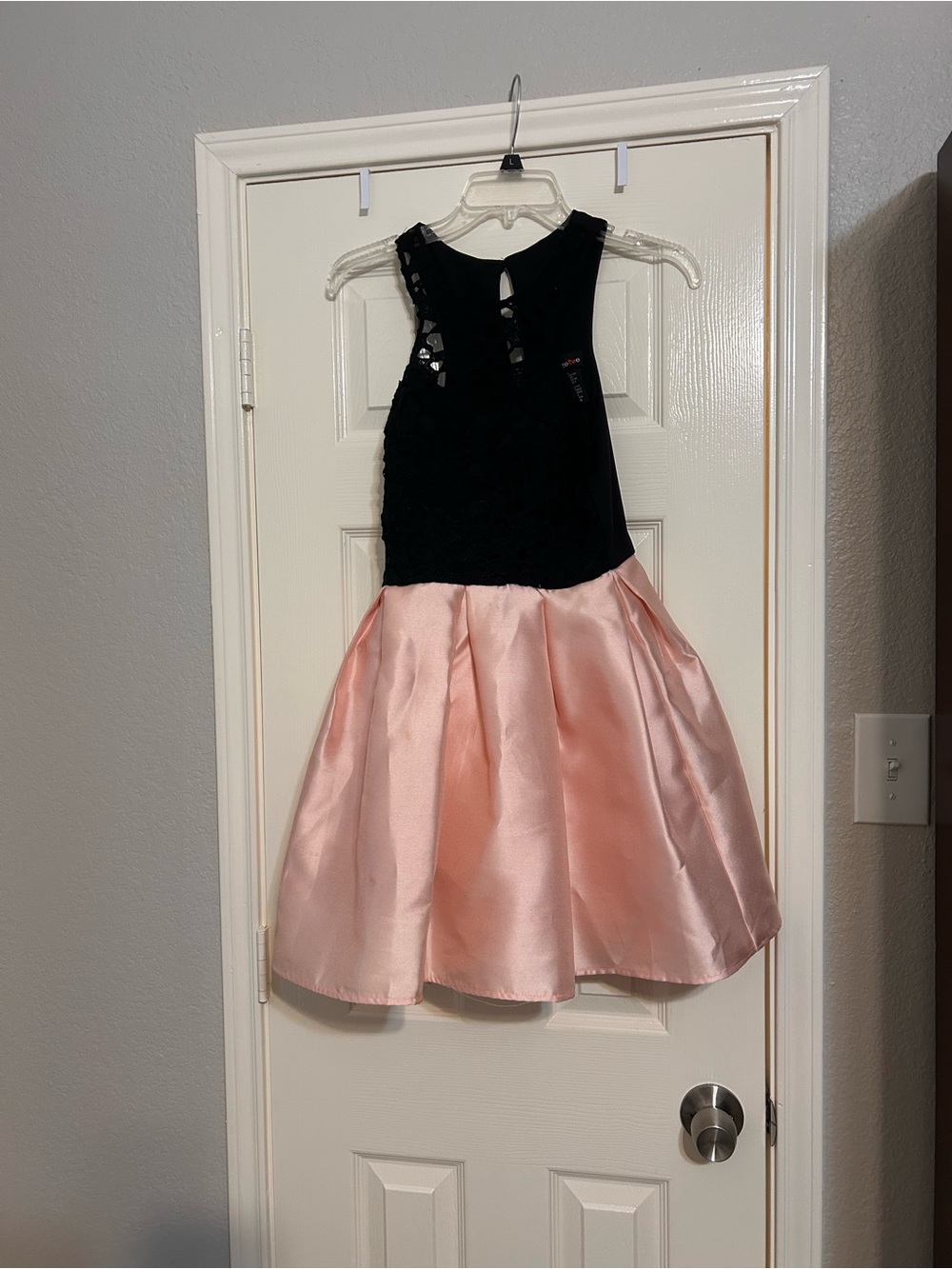Teeze Me Black Lace Bodice Pink Satin Flared Mini Dress